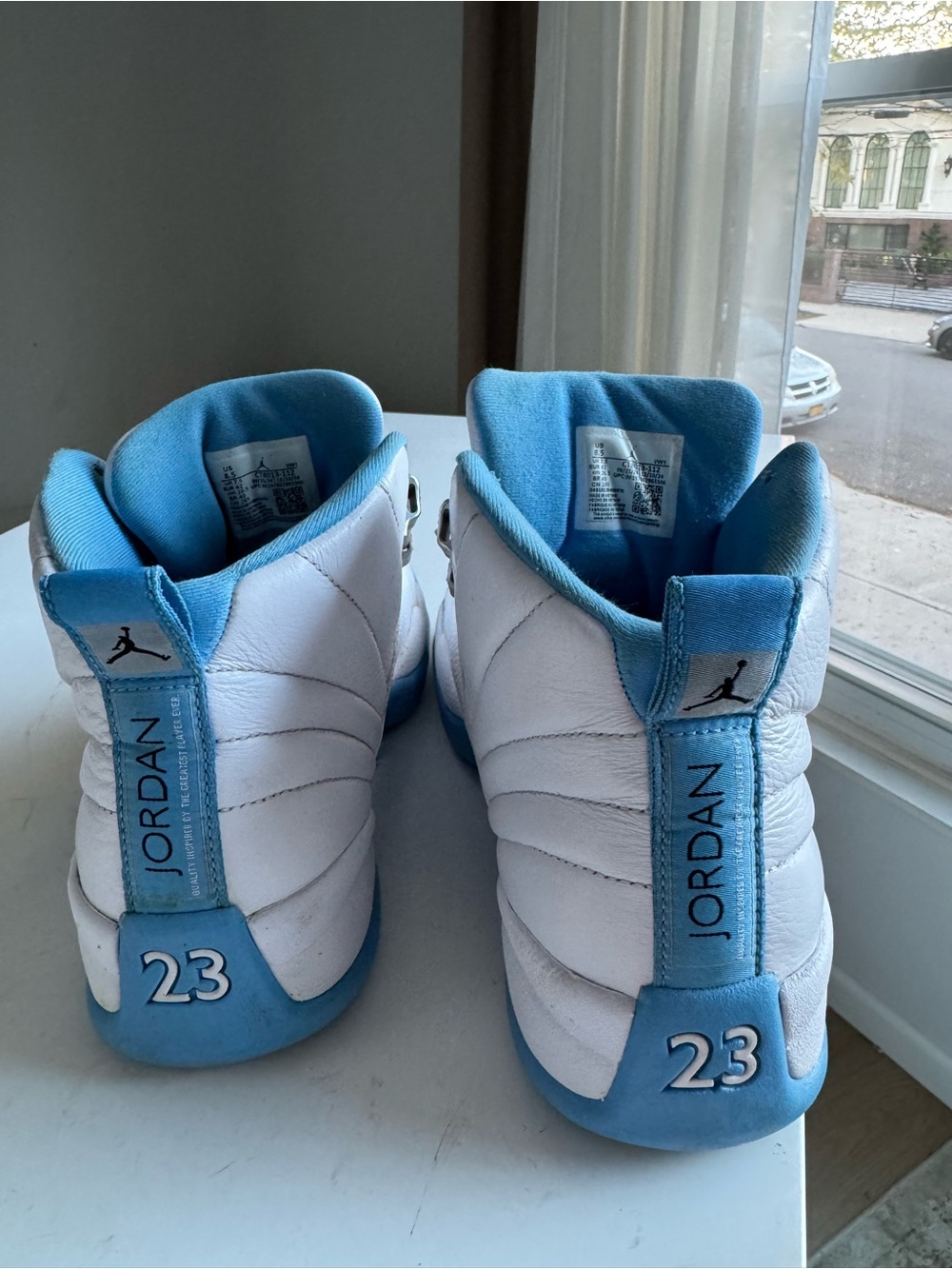 Air Jordan Kids' Retro 12 White and University Blue Sneakers - Picture 8 of 10